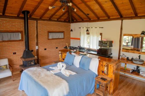 a bedroom with a bed with a wood stove at Chalé Valle dos sonhos in Gonçalves