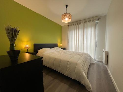 a bedroom with a white bed and green walls at Spacieux appartement refait à neuf avec balcon et garage, proche centre-ville - FR-1-498-108 in Évian-les-Bains