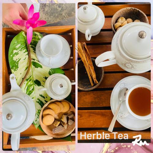 a collage of pictures with a tea set and a cup of tea at Zensigiri Ayurveda Wellness Homestay in Sigiriya