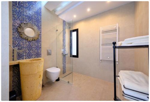 a bathroom with a toilet and a mirror at Dar zeytouna in Hammamet