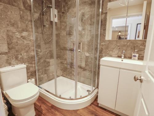 ein Badezimmer mit Dusche, Toilette und Waschbecken in der Unterkunft Marsh View Cottage in Skegness