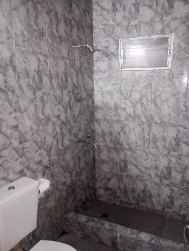 a bathroom with a toilet and a window at Casa Marcelo in Salta