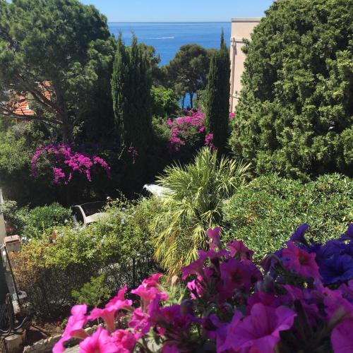 a garden with flowers and the ocean in the background at Hotel Normandy in Cap d'Ail