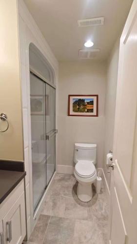 a bathroom with a toilet and a glass shower at Bright 3-Bedroom Basement Suite with Separate Entrance in Burnaby