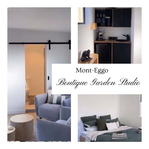 a collage of photos of a living room with a blue couch at Mont-Eggo Boutique Garden Studio in New Town