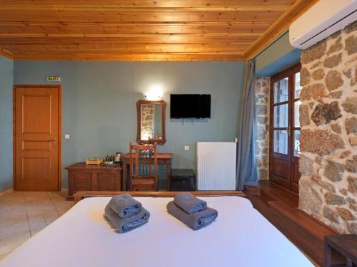 a bedroom with a bed and a tv on the wall at Spa Guest House by White Hills in the Heart of Arachova in Arachova