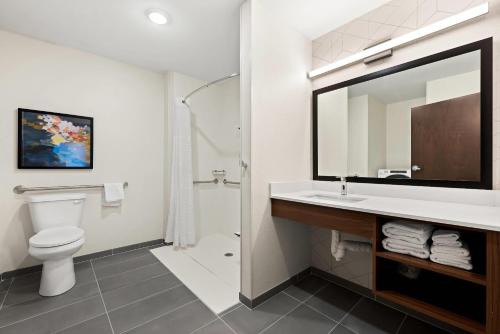 a bathroom with a sink and a toilet and a mirror at Everhome Suites Huntsville - Research Park in Huntsville