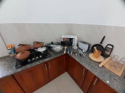 a kitchen counter with a stove and a microwave at Jasmine Apartments in Negombo