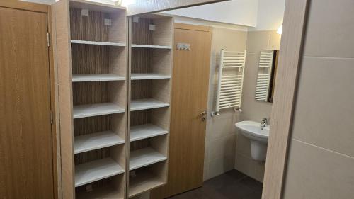 a bathroom with a closet with a toilet and a sink at Oasis Apartment in Cluj-Napoca