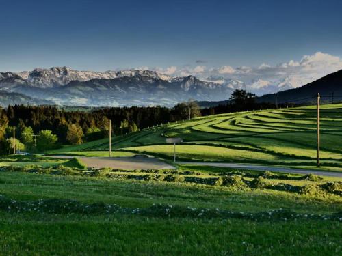 a view of a golf course with mountains in the background at Ferienwohnungen Bergblick in Immenstadt im Allgäu
