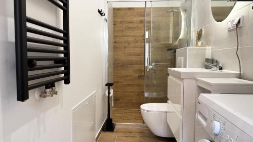 a bathroom with a toilet and a sink and a shower at Kamienna na Szlaku by LibertaRent in Kamienna Góra