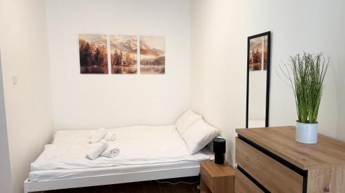 a white room with a bed and a picture on the wall at Kamienna na Szlaku by LibertaRent in Kamienna Góra
