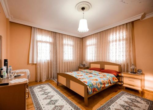 1 dormitorio con cama, escritorio y cortinas en Doğa ile iç içe, en Çukurçayır