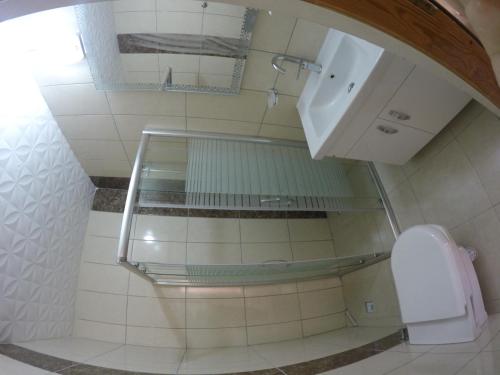 a bathroom with a toilet and a glass shelf at Pınar Vintage House in Pamukkale