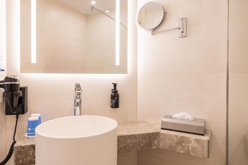 a bathroom with a sink and a mirror at Fletcher Hotel-Restaurant Noordsee-Ameland in Nes