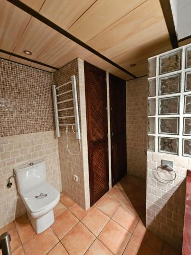 a bathroom with a toilet and a shower at Villa en Sa Caleta - CAN BLAU IBIZA in Ibiza Town