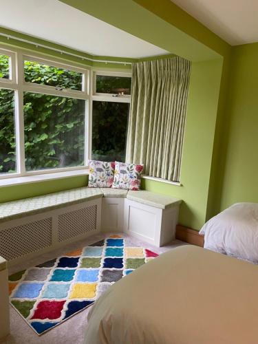 a bedroom with a bed and a window and a rug at 2 Bed Countryside Retreat in Dorset Includes a private Hot Tub and cosy wood burner in Horton