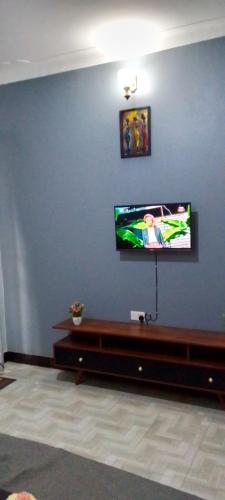 sala de estar con TV de pantalla plana en una pared azul en CTS Suites, en Kasiyirize