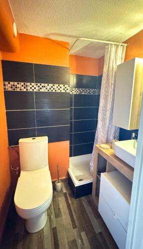 une salle de bain avec toilettes, lavabo et douche dans l'établissement Sète plage les quilles, à Sète