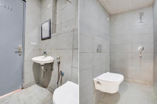 two pictures of a bathroom with a toilet and a sink at Hotel O Ritz Rivera in New Delhi