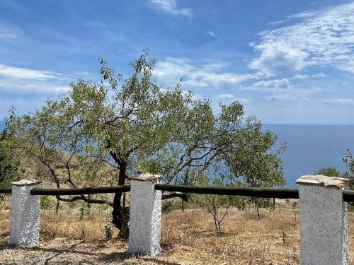 a wooden fence next to a tree and the ocean at Casa Crisantemo with sea view and pool in Adra in Las Hoyas del Barranco