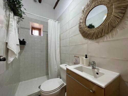 a bathroom with a toilet and a sink and a mirror at Casa Crisantemo with sea view and pool in Adra in Las Hoyas del Barranco