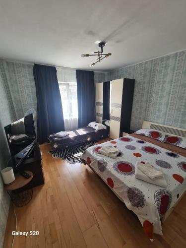 a bedroom with a bed and a television in it at Garsoniera Slanic-Moldova in Slănic-Moldova