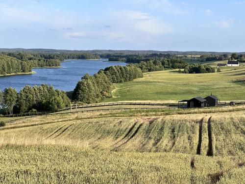 a field of grass with a barn and a lake at Oaza Żuraw in Miłki