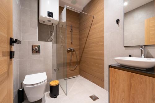 a bathroom with a shower and a toilet and a sink at Nanooq Apartments in Kolašin