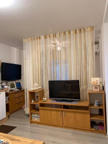 ein Wohnzimmer mit einem Fernseher auf einem hölzernen Entertainment-Center in der Unterkunft Apartman Sana in Matulji
