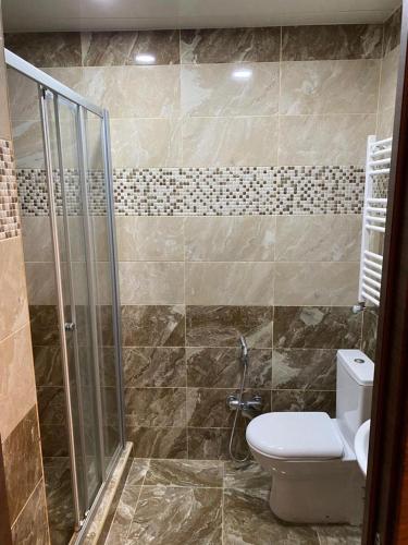 a bathroom with a toilet and a glass shower at Kvartira s vidom na more in Sumqayıt