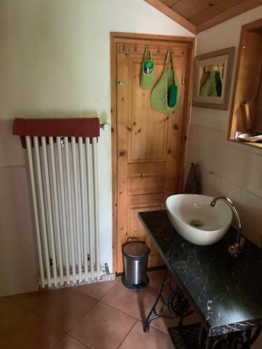 a bathroom with a sink and a radiator at ECO-CHALET Bel Oiseau - Saint-Ursanne in Saint-Ursanne