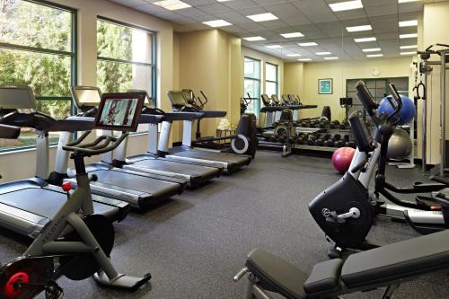 a gym with treadmills and elliptical machines at Atlanta Marriott Alpharetta in Alpharetta