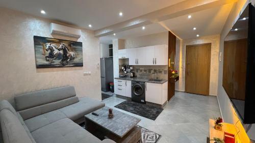 a living room with a couch and a kitchen at Rabat Centre Appartement Confortable en Plein Cœur de la Capitale in Rabat