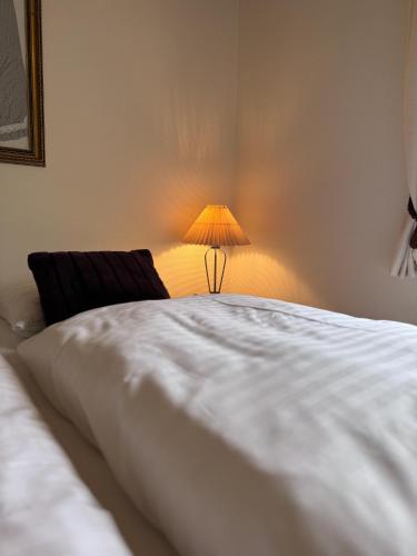 a bedroom with a bed with a lamp on it at Pension Lærkelill in Skovlund