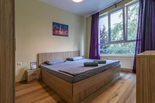a bedroom with a large bed in front of a window at My Space Deluxe One Bedroom Apartment in Sofia