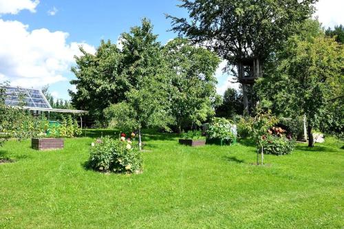 a garden with trees and flowers in the grass at Ferienhaus Faber in Suhl