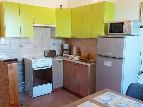 a kitchen with green cabinets and a refrigerator at Apartments Anto in Pula