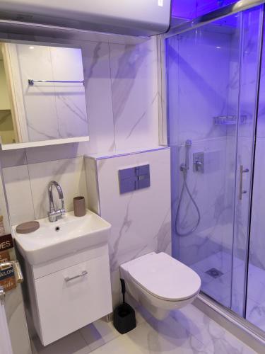 a bathroom with a toilet sink and a shower at Premium Studio Family II in Paralia Katerinis