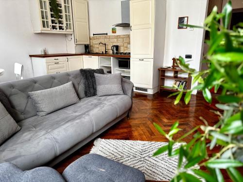 Una sala de estar con un sofá y una cocina. en Brașov Residential, en Brasov