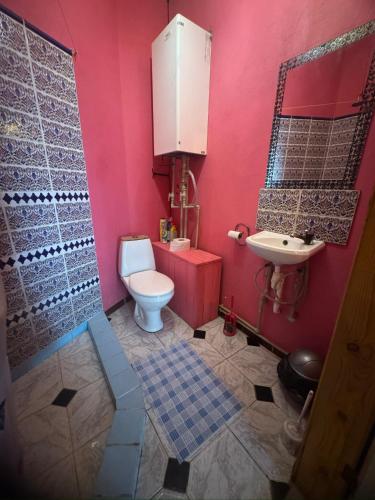 a pink bathroom with a toilet and a sink at Gypsy Camp Apartments & Glamping in Liepāja