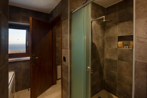 a bathroom with a shower with a glass door at Anemos Suites Mani 