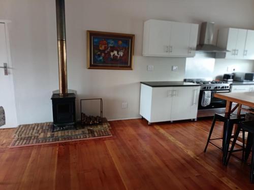 a kitchen with a wood stove in a room at The whales are back be here now beautiful weather in Hermanus