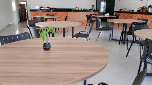 Una mesa con una planta encima. en Hotel Villa Rica, en Cassilândia