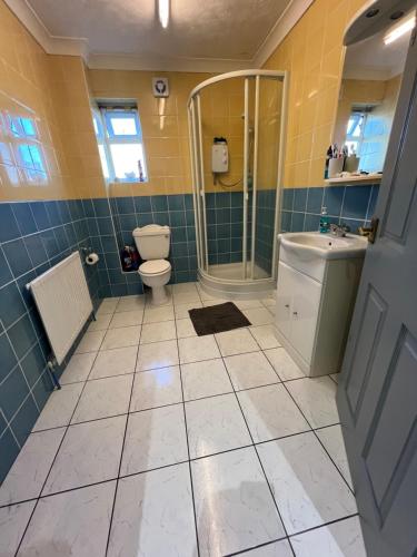 a bathroom with a toilet and a shower and a sink at The Bungalow by SJP in Northamtonshire