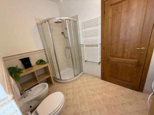 a bathroom with a shower and a toilet and a door at Villa Rose in Baveno