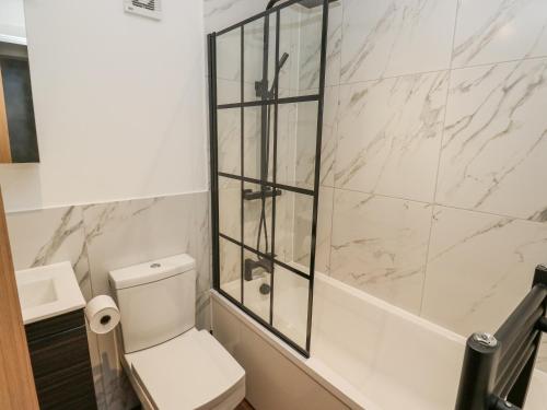 a bathroom with a toilet and a glass shower at Millside View in Keighley