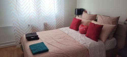 a bedroom with a bed with red pillows at La Meinau in Strasbourg