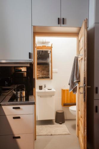 a small kitchen with a sink and a toilet at Apartament by the cathedral in Lublin