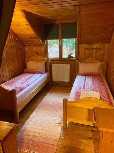 a bedroom with two beds in a wooden cabin at Cabana dintre Brazi in Mintia